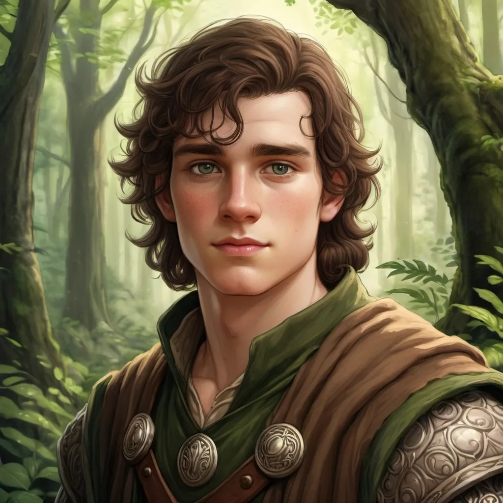 Prompt: Detailed digital illustration of a 19-year-old human male druid outlander, with big grey eyes, pale skin, and dark brown hair, towering in a lush forest, leather armor, wearing earthy-toned clothes, highres, ultra-detailed, fantasy, druid, tall stature, naive expression, round face, forest setting, earthy tones, atmospheric lighting, slightly overweight, portrait, face close up, oil paiting, watercolor, sketch, drawing, D&D character