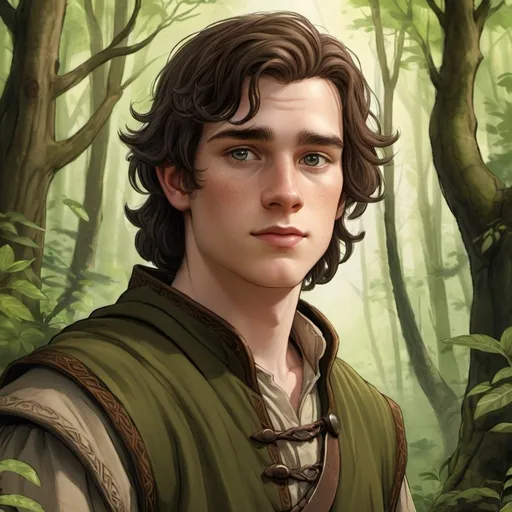 Prompt: Detailed digital illustration of a 19-year-old human male druid outlander, with big grey eyes, pale skin, and dark brown hair, towering in a lush forest, leather armor, wearing earthy-toned clothes, highres, ultra-detailed, fantasy, druid, tall stature, naive expression, round face, forest setting, earthy tones, atmospheric lighting, slightly overweight, portrait, face close up, oil paiting, watercolor, sketch, drawing, D&D character