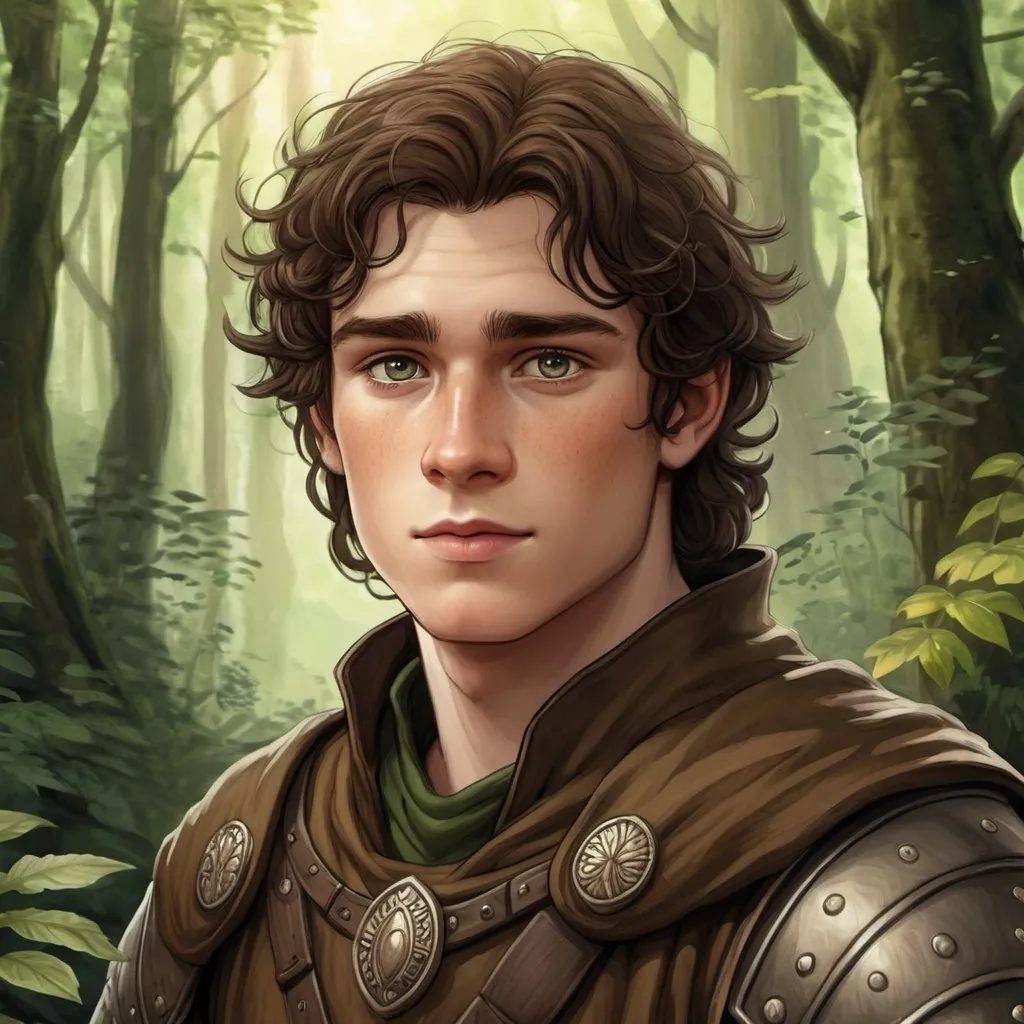 Prompt: Detailed digital illustration of a 19-year-old human male druid outlander, with big grey eyes, pale skin, and dark brown hair, towering in a lush forest, leather armor, wearing earthy-toned clothes, highres, ultra-detailed, fantasy, druid, tall stature, naive expression, round face, forest setting, earthy tones, atmospheric lighting, slightly overweight, portrait, face close up, oil paiting, watercolor, sketch, drawing, D&D character