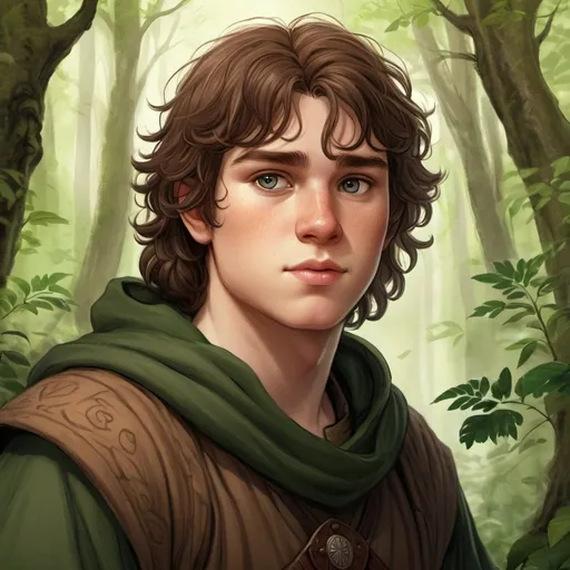 Prompt: Detailed digital illustration of a 19-year-old human male druid outlander, with big grey eyes, pale skin, and dark brown hair, chubby face, towering in a lush forest, leather armor, wearing earthy-toned clothes, highres, ultra-detailed, fantasy, druid, tall stature, naive expression, round face, forest setting, earthy tones, atmospheric lighting, slightly overweight, portrait, face close up, oil paiting, watercolor, sketch, drawing, D&D character