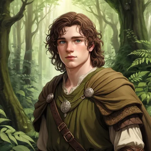 Prompt: Detailed digital illustration of a 19-year-old human male druid outlander, with big grey eyes, pale skin, and dark brown hair, towering in a lush forest, leather armor, wearing earthy-toned clothes, highres, ultra-detailed, fantasy, druid, tall stature, naive expression, round face, forest setting, earthy tones, atmospheric lighting, slightly overweight, portrait, face close up, oil paiting, watercolor, sketch, drawing, D&D character