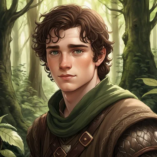 Prompt: Detailed digital illustration of a 19-year-old human male druid outlander, with big grey eyes, pale skin, and dark brown hair, towering in a lush forest, leather armor, wearing earthy-toned clothes, highres, ultra-detailed, fantasy, druid, tall stature, naive expression, round face, forest setting, earthy tones, atmospheric lighting, slightly overweight, portrait, face close up, oil paiting, watercolor, sketch, drawing, D&D character