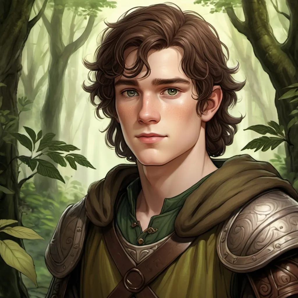 Prompt: Detailed digital illustration of a 19-year-old human male druid outlander, with big grey eyes, pale skin, and dark brown hair, towering in a lush forest, leather armor, wearing earthy-toned clothes, highres, ultra-detailed, fantasy, druid, tall stature, naive expression, round face, forest setting, earthy tones, atmospheric lighting, slightly overweight, portrait, face close up, oil paiting, watercolor, sketch, drawing, D&D character