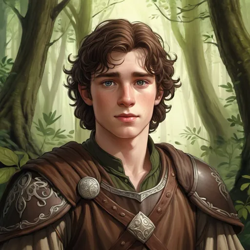 Prompt: Detailed digital illustration of a 19-year-old human male druid outlander, with big grey eyes, pale skin, and dark brown hair, towering in a lush forest, leather armor, wearing earthy-toned clothes, highres, ultra-detailed, fantasy, druid, tall stature, naive expression, round face, forest setting, earthy tones, atmospheric lighting, slightly overweight, portrait, face close up, oil paiting, watercolor, sketch, drawing, D&D character