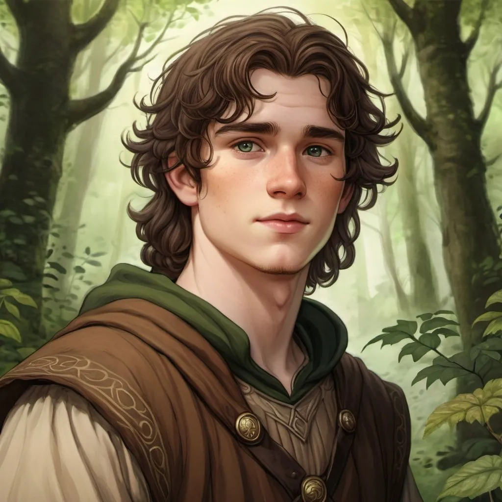 Prompt: Detailed digital illustration of a 19-year-old human male druid outlander, with big grey eyes, pale skin, and dark brown hair, towering in a lush forest, leather armor, wearing earthy-toned clothes, highres, ultra-detailed, fantasy, druid, tall stature, naive expression, round face, forest setting, earthy tones, atmospheric lighting, slightly overweight, portrait, face close up, oil paiting, watercolor, sketch, drawing, D&D character