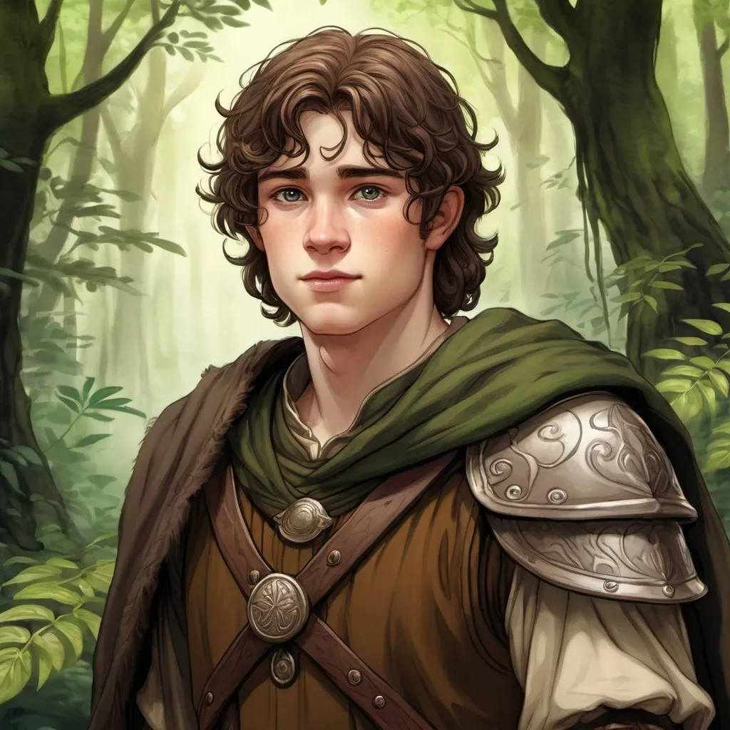 Prompt: Detailed digital illustration of a 19-year-old human male druid outlander, with big grey eyes, pale skin, and dark brown hair, towering in a lush forest, leather armor, wearing earthy-toned clothes, highres, ultra-detailed, fantasy, druid, tall stature, naive expression, round face, forest setting, earthy tones, atmospheric lighting, slightly overweight, portrait, face close up, oil paiting, watercolor, sketch, drawing, D&D character