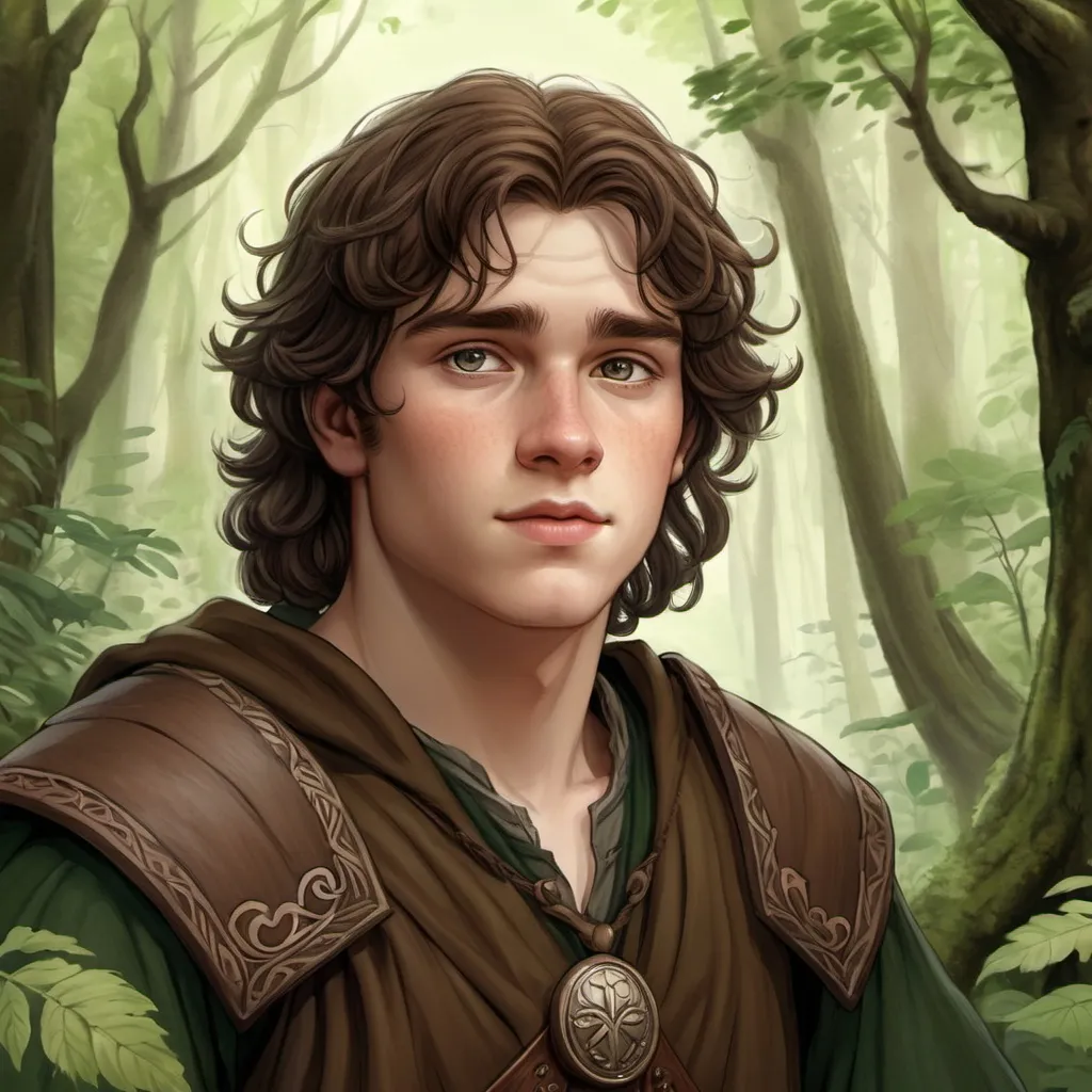 Prompt: Detailed digital illustration of a 19-year-old human male druid outlander, with big grey eyes, pale skin, and dark brown hair, towering in a lush forest, leather armor, wearing earthy-toned clothes, highres, ultra-detailed, fantasy, druid, tall stature, naive expression, round face, forest setting, earthy tones, atmospheric lighting, slightly overweight, portrait, face close up, oil paiting, watercolor, sketch, drawing, D&D character