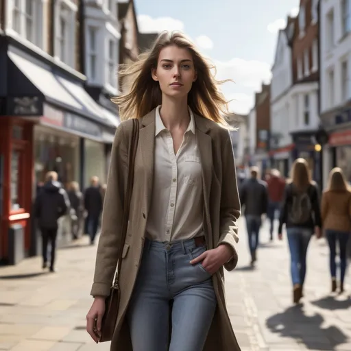 Prompt: Tall young woman walking down the high street, detailed clothing, realistic, natural lighting