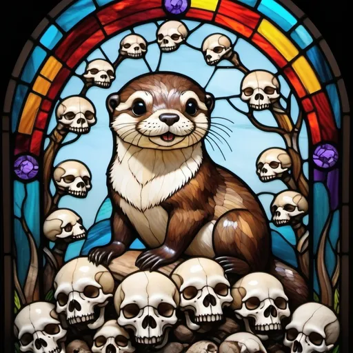 Prompt: A cute cuddly otter sitting on top of human skulls pile