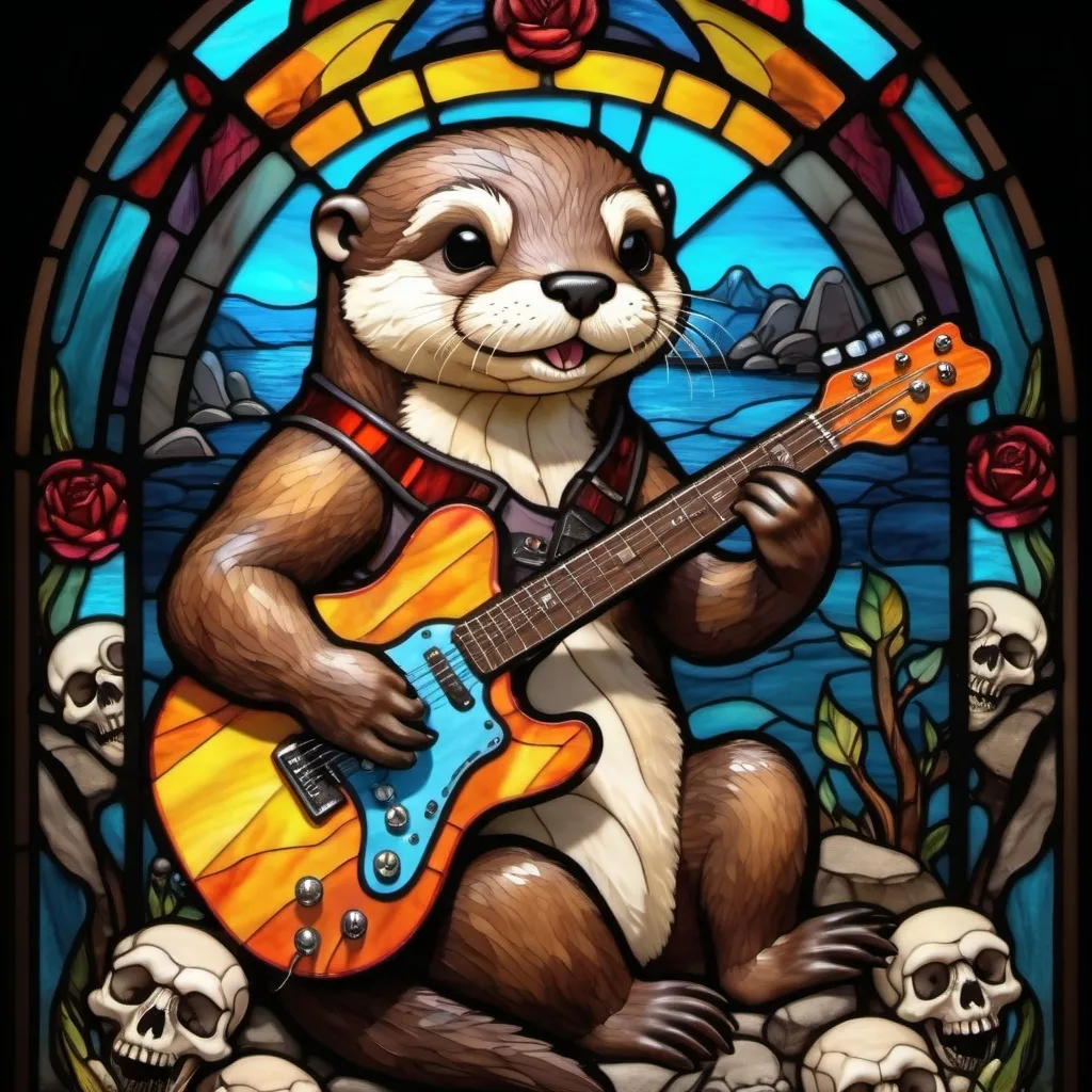 Prompt: A cute cuddly otter with electric guitar sitting on top of human skulls pile