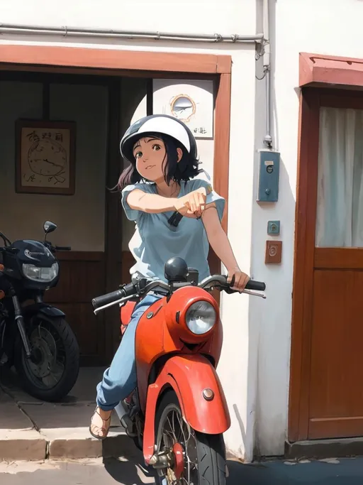 Prompt: 2d studio ghibli anime style, girl on motorcycle, anime scene