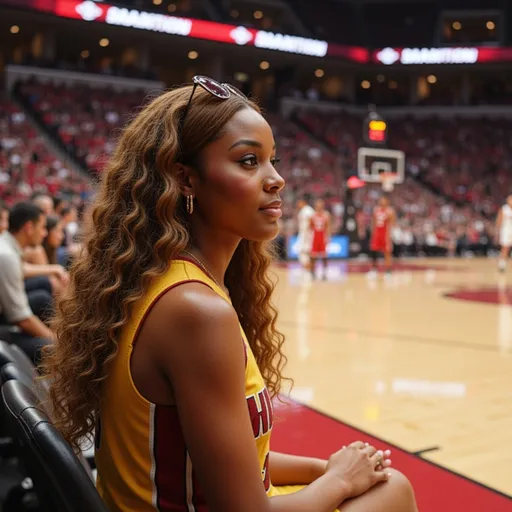 Prompt: @Qr4mVKHVqNJ9T3jVwenc is sitting courtside at a Miami Heat basketball game