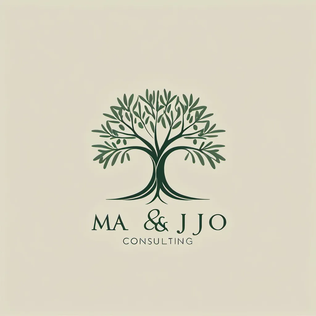 Prompt: Logo design for "MA&JO Consulting”, incorporating an elegant olive tree symbol, conveying wisdom and growth. Use a modern aesthetic with clean lines and a minimalist approach. The color palette should consist of deep greens and neutral tones, creating a professional and calm vibe. The logo aims to represent stability and connection in consulting, ensuring high quality and impactful presentation.