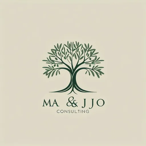 Prompt: Logo design for "MA&JO Consulting”, incorporating an elegant olive tree symbol, conveying wisdom and growth. Use a modern aesthetic with clean lines and a minimalist approach. The color palette should consist of deep greens and neutral tones, creating a professional and calm vibe. The logo aims to represent stability and connection in consulting, ensuring high quality and impactful presentation.