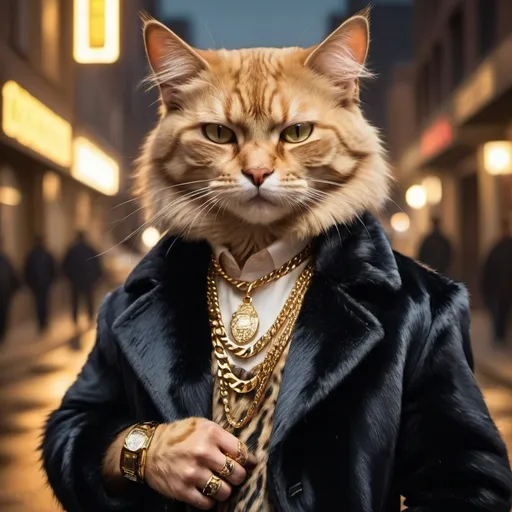 Prompt: Street badass cat gangster, oil painting, luxurious fur coat, gold jewelry, confident smirk, urban setting, high quality, ads-luxury style, cool lighting, stylish swagger