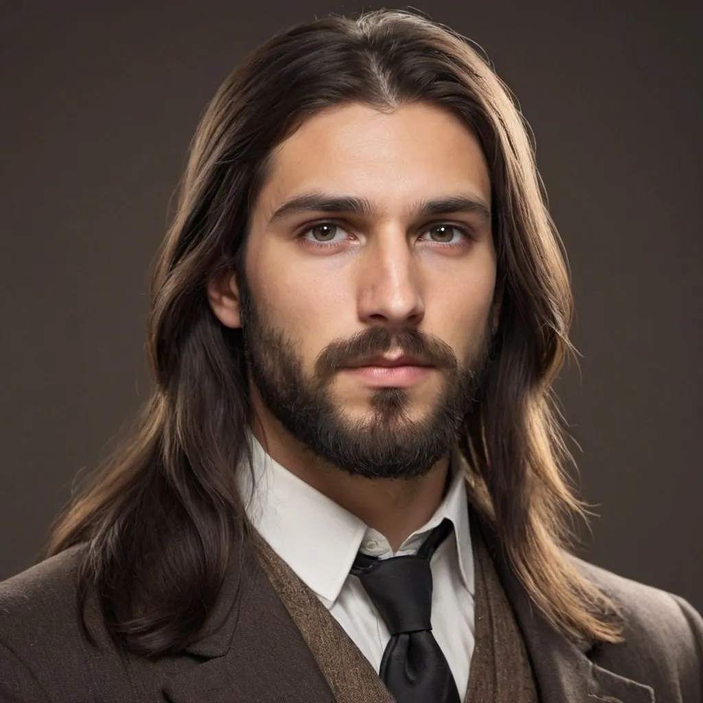 Prompt: Caucasian male. 20s. straight brown-black, very long hair.  brown eyes. dense, big bushy beard 