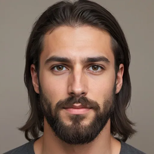 Prompt: Caucasian male. 20s. straight brown-black, really very long hair. dark brown eyes. dense, big bushy beard. softer, rounder jaw and chin. shorter, oval shaped face. lightly tanned skin