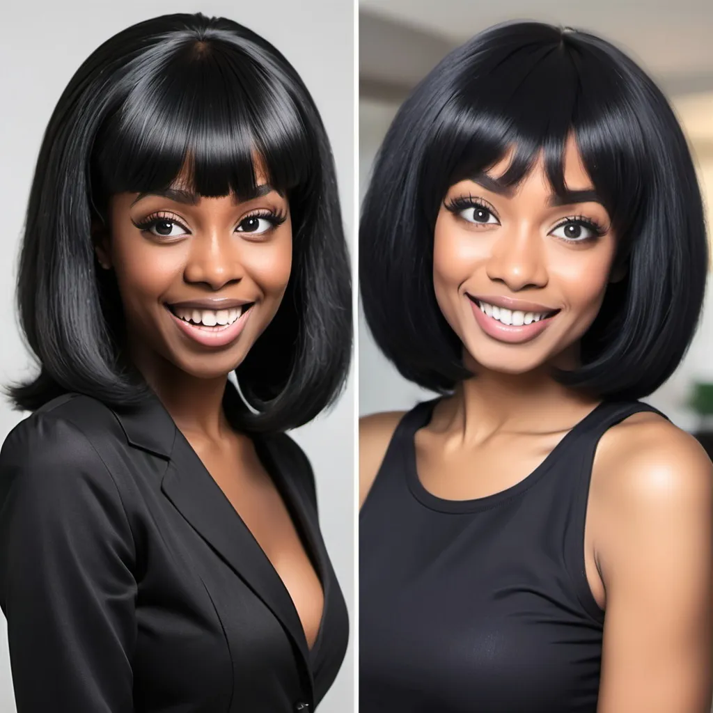 Prompt: woman black with wigs  woman  who to work in these home and a 9 to 5 they hate the Difference images showing happy vs. sad expressions?

