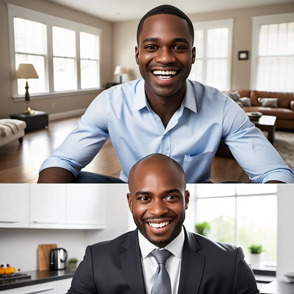 Prompt: black  man  who to work in these home and a 9 to 5 they hate the Difference images showing happy vs. sad expressions?
