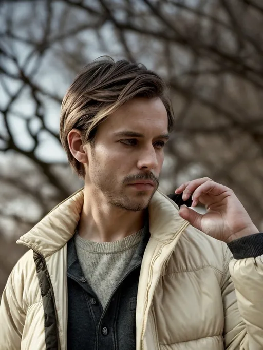 Prompt: A man stands confidently outdoors, framed by a landscape of sparse trees and grassy areas under a cloudy sky. Dressed in a stylish, cream-colored puffer jacket with black and gold accents and a layered shirt featuring a graphic design, he exudes a casual yet fashionable vibe. His dark jeans complement his outfit while his expression appears serious, hinting at deep thoughts or determined intentions. The environment suggests a late afternoon, with the gentle light filtering through the branches of the leafless trees, enhancing the scene's serene yet contemplative atmosphere. In his hand, he casually holds a set of keys, grounding him in the everyday moment.