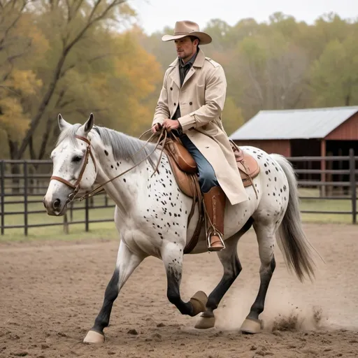 Prompt:  a man riding a Appaloosa horse wearing a light tan trench coat grey saddle pants Calvery boots and a fort crushable silverbelly hat 