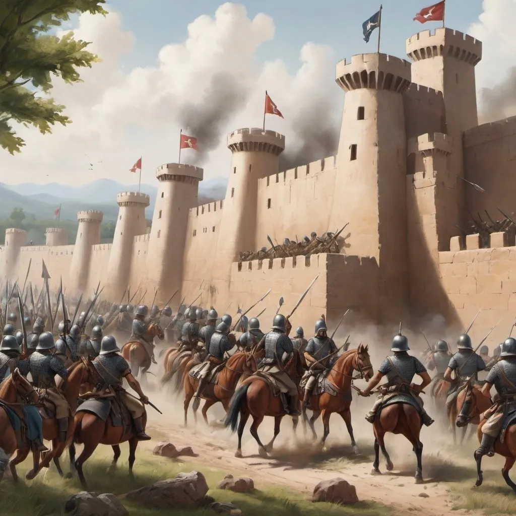 Prompt: a army defending a fort from a native
 attack