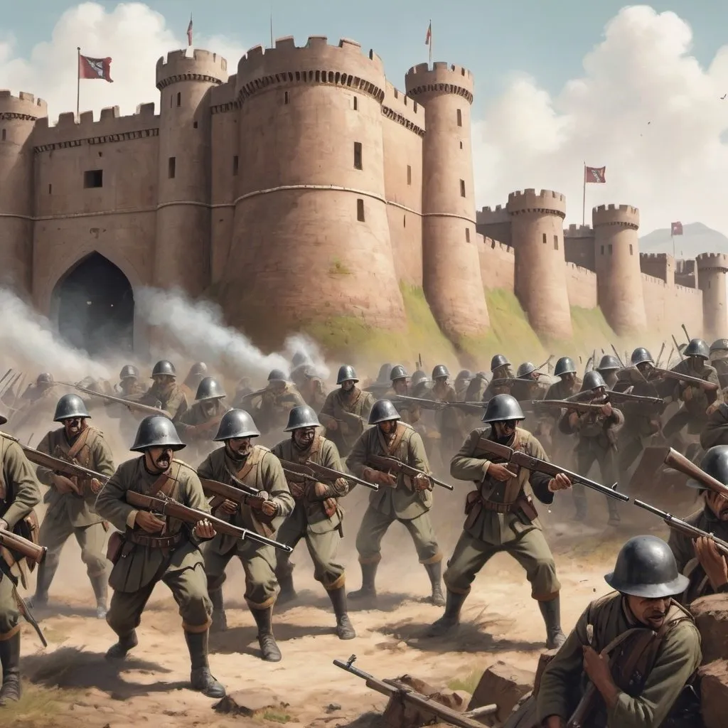 Prompt: a army with guns defending a fort from a native attack