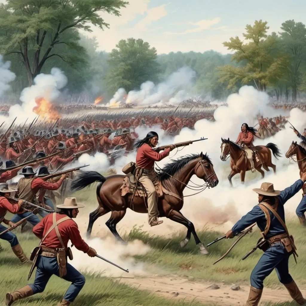 Prompt: a Civil War army attacking a native American army