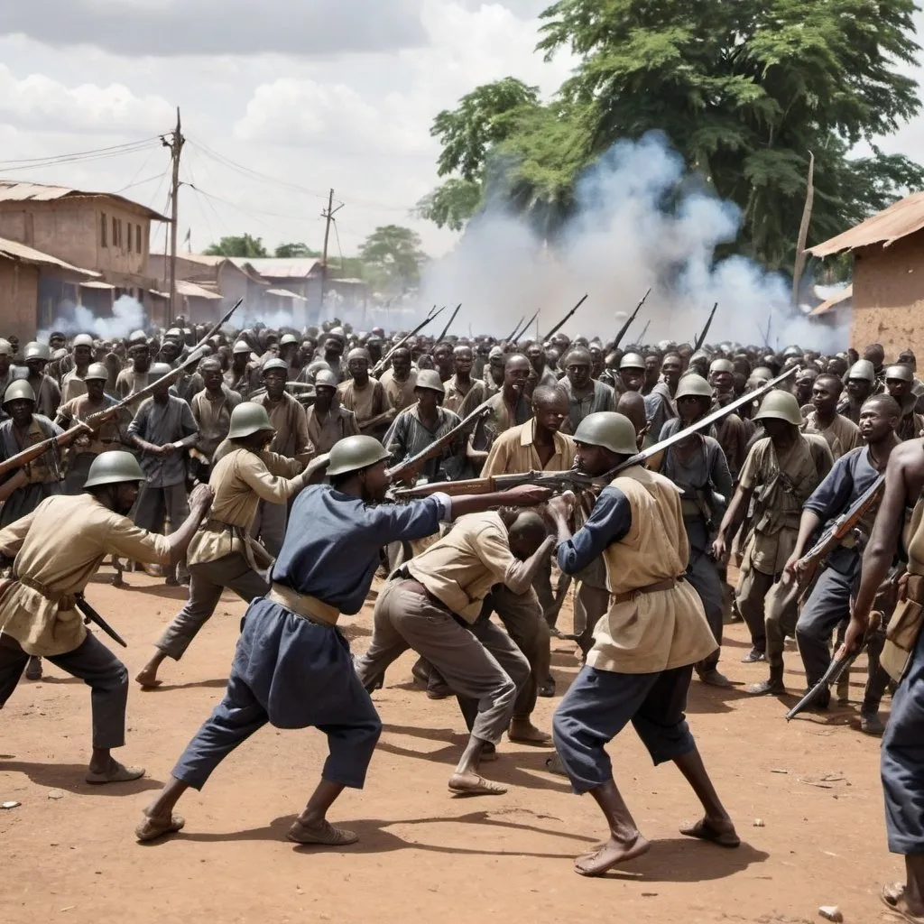 Prompt: a harsh battle in a cityof milisha men fighting a civil war army