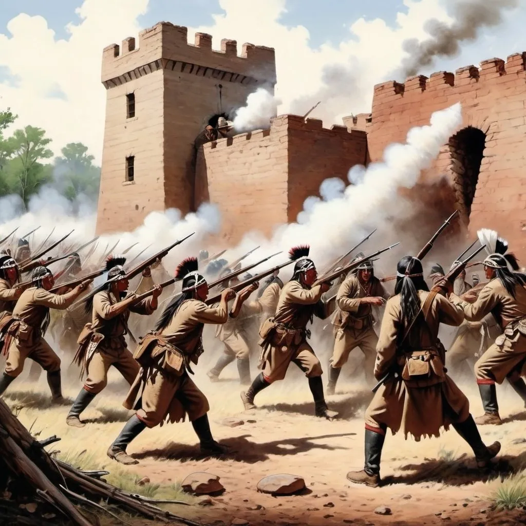 Prompt: the US infantry fort being attacked native American warriors 