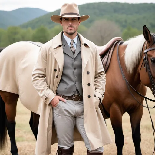 Prompt:  a man with a light tan trench coat grey saddle pants Calvery boots and a fort crushable silverbelly hat with grey horse behind him