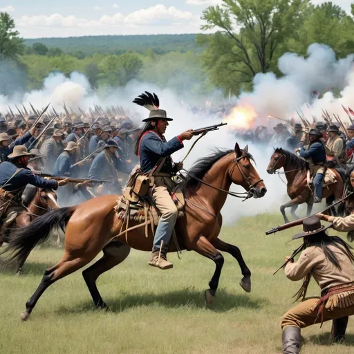 Prompt: a Civil War army attacking a native American army
