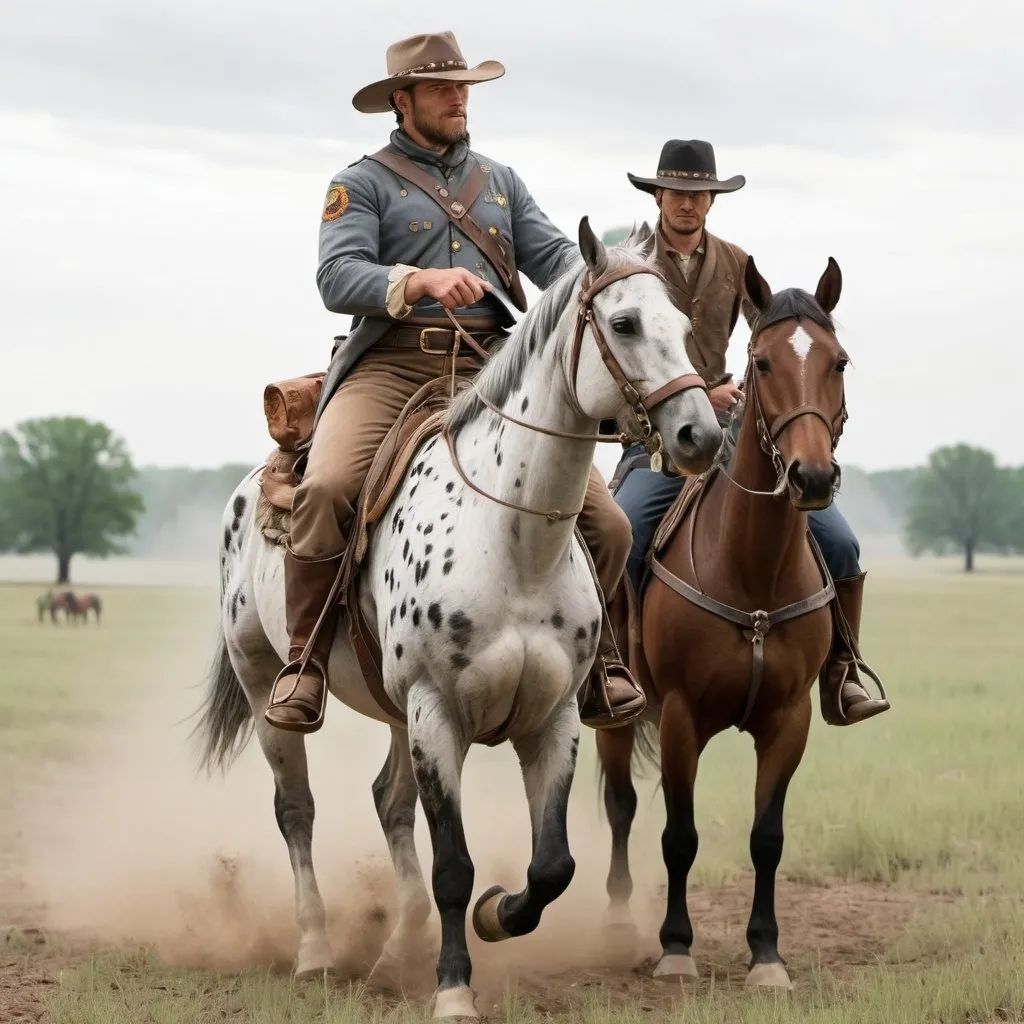 Prompt: Make a CSA officer ridding an appaloosa wearing a grey Fort Crushable hat ridding on a field giving a map to a messenger while a battle rages on in the background 