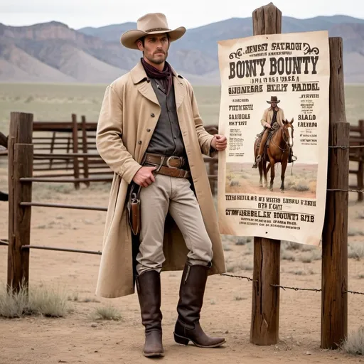 Prompt:  a man leading against a fence post holding a old west bounty poster with a light tan trench coat grey saddle pants Calvery boots and a fort crushable silverbelly hat 