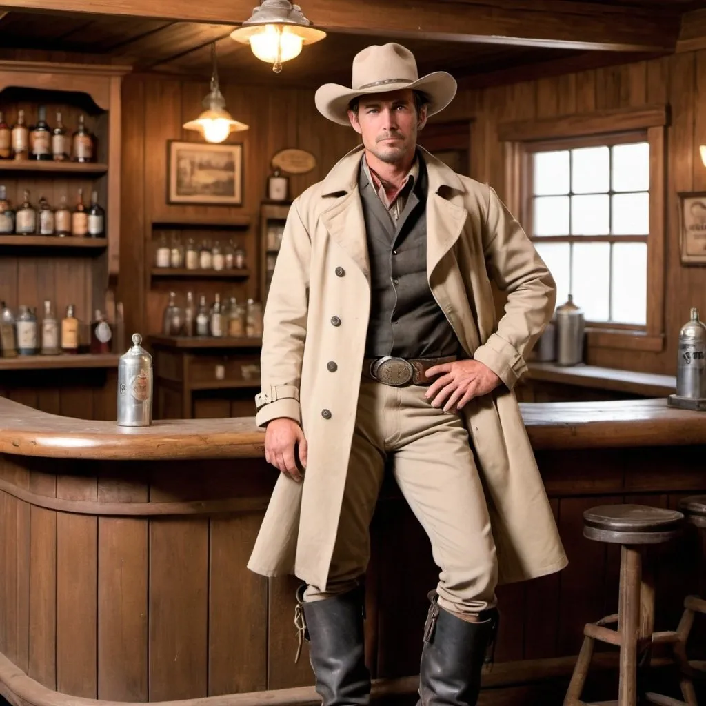 Prompt:  a man leaning against the bar a old west saloon with a light tan trench coat grey saddle pants Calvery boots and a fort crushable silverbelly hat 