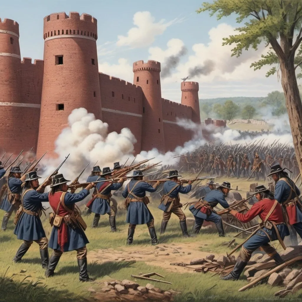 Prompt: a Civil War army defending a fort from a native American attack