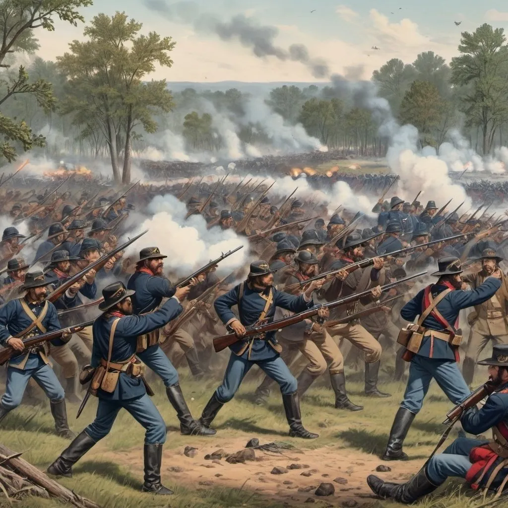 Prompt: a Civil War army in a battle against a native army