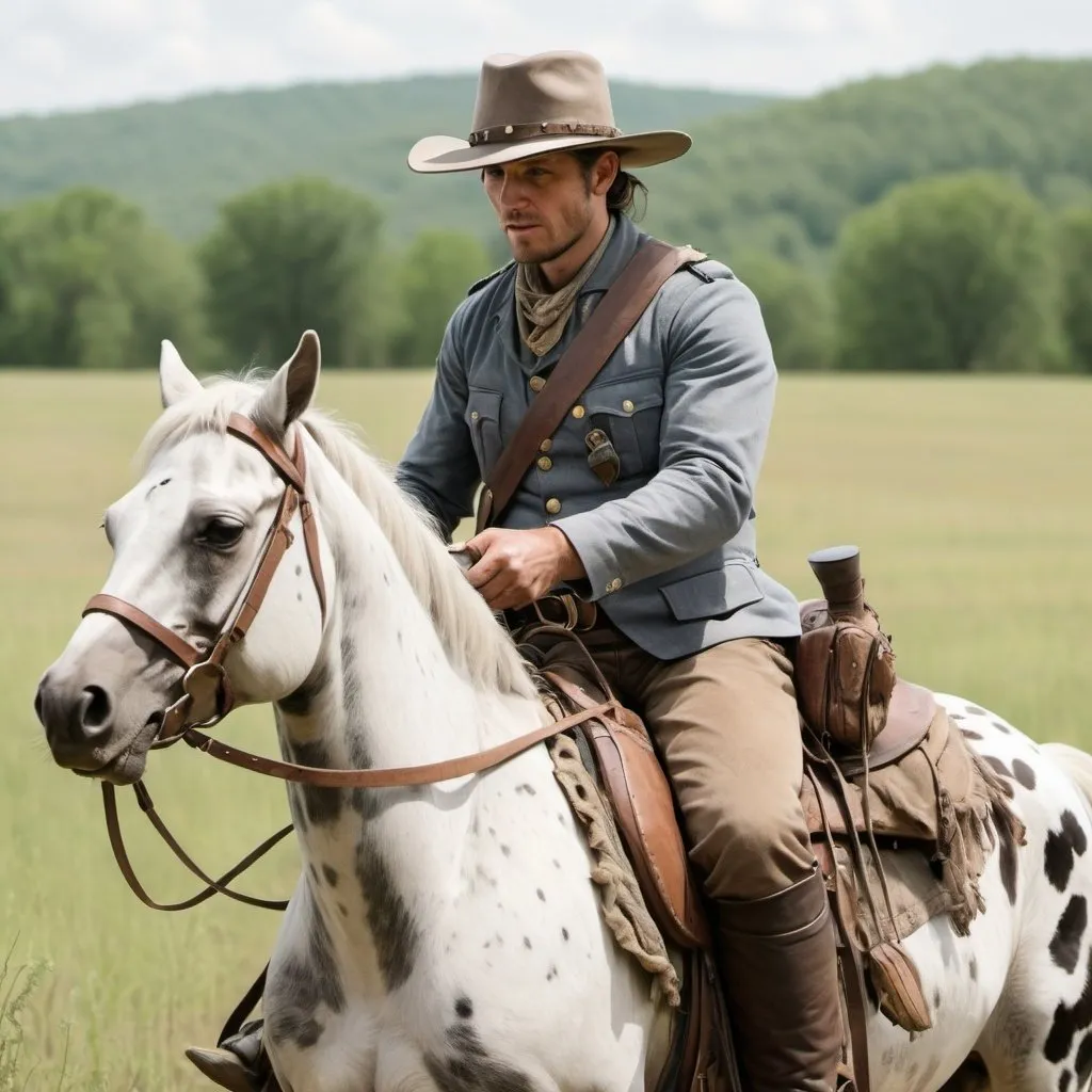 Prompt: Make a CSA officer ridding an appaloosa wearing a grey Fort Crushable hat ridding on a field giving a map to a messenger while a battle rages on in the background 