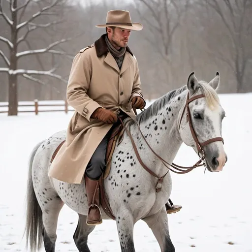 Prompt:  a man riding a Appaloosa horse through the snow wearing a buttoned up light tan trench coat grey saddle pants Calvery boots and a fort crushable silverbelly hat 