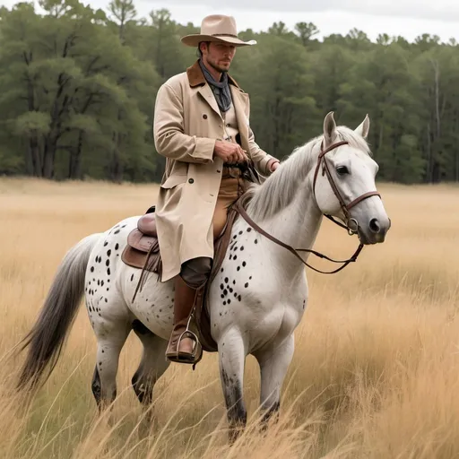 Prompt:  a man riding a Appaloosa horse through the tall grass wearing a light tan trench coat grey saddle pants Calvery boots and a fort crushable silverbelly hat holding a revolver
