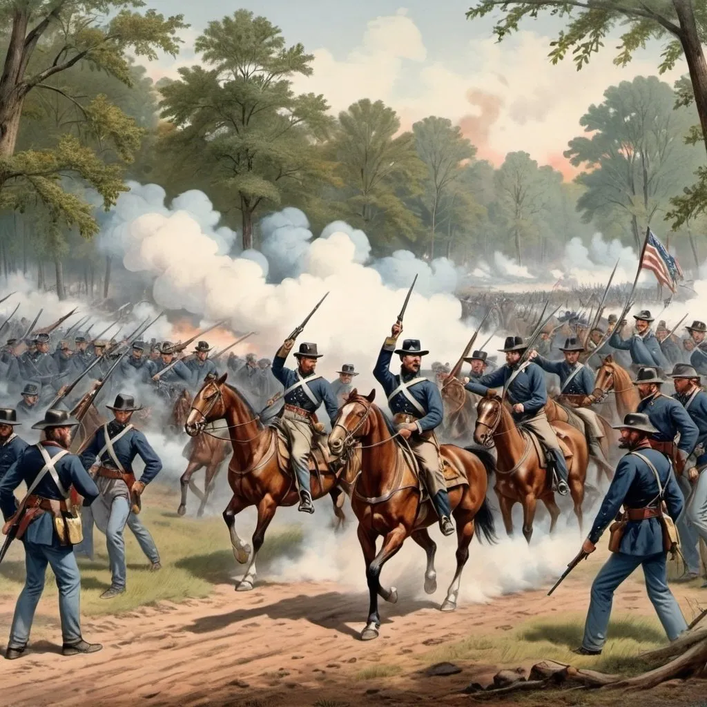 Prompt: The confederate Calvery charging at the US infantry in the Civil War