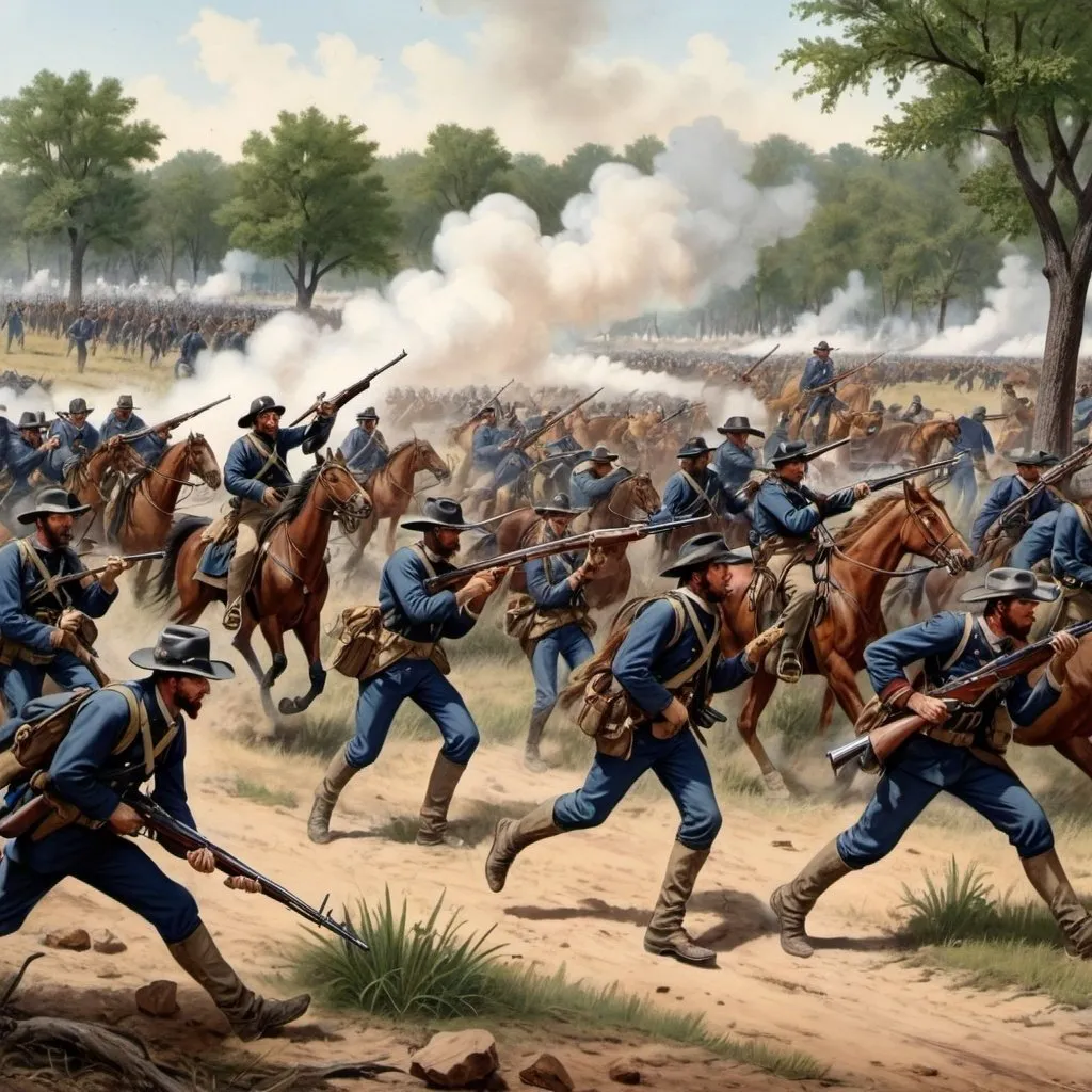 Prompt: the US infantry retreating from the Texan calvery during a civil war battle