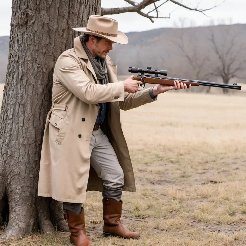 Prompt:  a man shooting a rolling block rifle leaning against a tree with a light tan trench coat grey saddle pants Calvery boots and a fort crushable silverbelly hat 