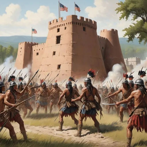 Prompt: a army defending a fort from a native American attack