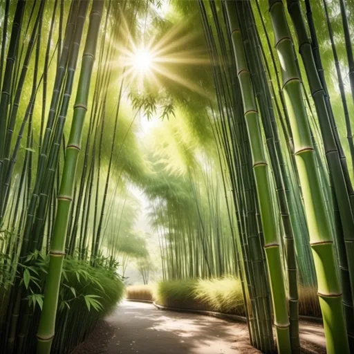 Prompt: a tranquil scene featuring a grove of Chinese bamboo swaying gently in the breeze, with soft sun rays filtering through the leaves, casting dappled light on the ground