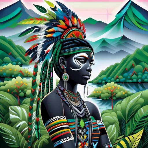 Prompt: Create a highly detailed Pop Art painting of a beautiful young woman in a tribal setting. She should have intricate face paint with geometric patterns, and her piercing green eyes should be strikingly prominent. Her hair is styled in long braids adorned with vibrant green leaves and colorful feathers. She is wearing traditional tribal jewelry, including beaded necklaces, earrings, and decorative arm bands. The background should be a lush, dense jungle, creating a mystical and ethereal atmosphere. The overall composition should capture the elegance, strength, and connection to nature of this tribal woman, with a focus on fine details and vibrant colors. Vertical aspect ratio<mymodel>