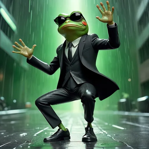 Prompt: (pepe the frog in a Neo-like outfit), dressed in a sleek black suit, leather shoes, and sunglasses, (dynamic pose) holding bullets in the air, (human body shape), set in a (Matrix-themed environment), with dark tones and digital rain aesthetic, intense atmosphere, (highly detailed), capturing the cinematic essence of the film, showing a (cool tone) with a green filter reminiscent of the original Matrix visuals.