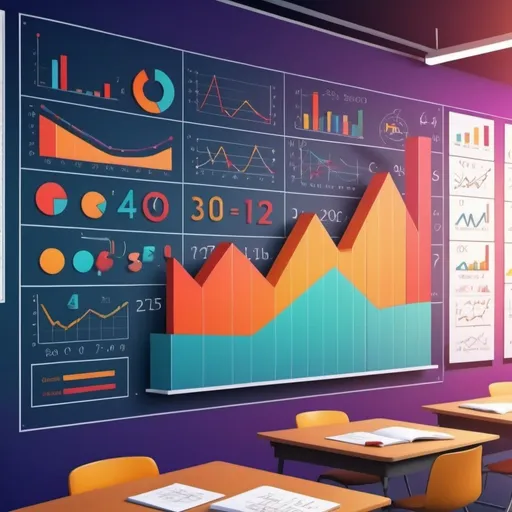 Prompt: (statistics class banner), vibrant color tones, academic atmosphere, (details of statistical graphs and formulas), abstract elements interwoven with numbers, mathematical symbols, college classroom background, engaging cheerful mood, high-definition 4K, (ultra-detailed graphics)