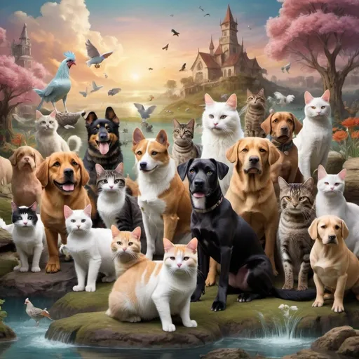 Prompt: Cats, dogs, turtles, chickens, all looking fierce and proud, in a dreamy fantasy landscape, with a majority of dogs