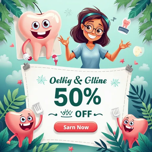 Prompt: vibrant dental clinic discount image, cheerful colors, engaging design, modern feel, inviting atmosphere, bold typography, lush backdrop, lighthearted ambiance, high quality, appealing to visitors, highlighting special offers, captivating elements, friendly dental imagery, uplifting vibe, focus on customer satisfaction, eye-catching layout, showcasing dental services